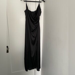 Spaghetti-Strap Satin Cowl Neck and Side Rouched Maxi Dress